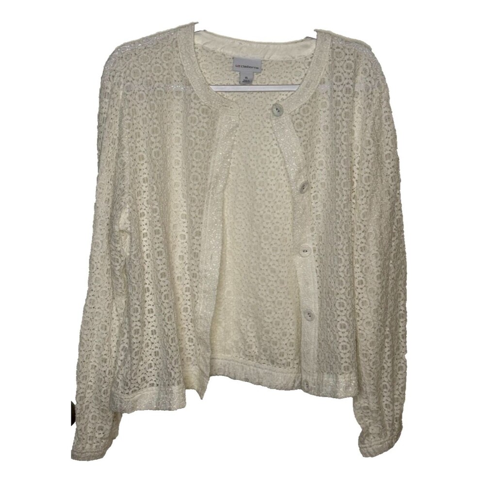 Liz Claiborne XL White Ivory Lace Button-Front Cardigan Jacket Crew Neckline